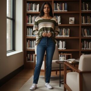 41 HAWTHORN Olive Grey Tan Cream Cashmere Striped NWT Lightweight Sweater 2X